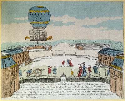 Experimentera i Versailles av bröderna Montgolfier med flygningen i en Montgolfiere luftballong av en hane, en anka och ett får den 19 september 1783 av French School