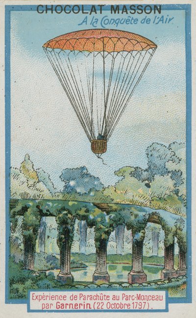 Experimentera med fallskärmshoppning vid Parc Monceau av Andre-Jacques Garnerin (22 oktober 1797) av French School