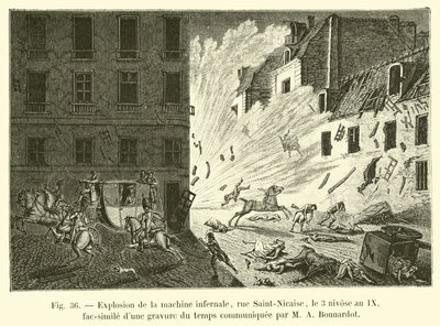 Explosion av den infernaliska maskinen, rue Saint-Nicaise, 3 Nivose, år IX, faksimil av en gravyr från tiden meddelad av M A Bonnardot av French School