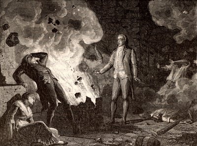 Explosion av sprängämnesfabriken i Essonne, Frankrike, ca. 1788 (gravyr) av French School