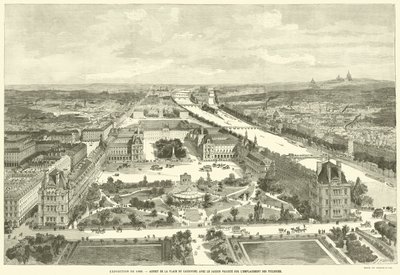 Utställning 1889, aspekt av Place du Carrousel med den planerade trädgården på platsen för Tuilerierna (gravyr) av French School