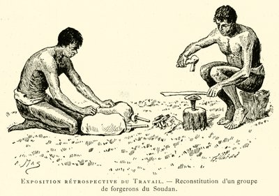 Retrospektiv utställning av Labour, rekonstruktion av en grupp smeder från Sudan (gravyr) av French School