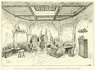 Retrospektiv utställning av Labor, rekonstruktion av ett kemistlaboratorium på 1600-talet (gravyr) av French School