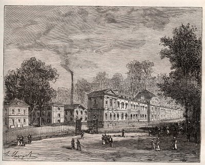Exteriörvy av den Imperiale Porslinsfabriken i Sevres, byggd i parken Saint Cloud efter arkitekten Laudins planer - gravyr i "Frankrike illustree: geografi, historia, statistisk administration" av V.-A. Malt-brunt. 1884 av French School
