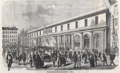 Exteriörvy av School of Medicine i Paris - Gravyr i "Tableau-de-Paris" av Edmond Texier 1852 av French School