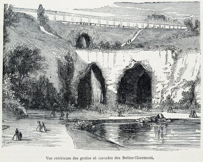 Exteriör vy av kaskaderna och grottorna i Buttes Chaumont, gravyr från 1800-talet av French School