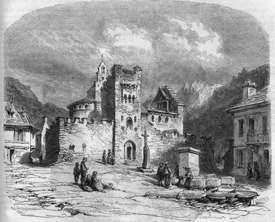 Exteriör vy av kyrkan Saint Andre (templarkyrkan), befäst på 1300-talet. Luz saint savior (Luz-Saint-Sauveur), Hautes Pyrenees (65) av French School