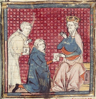 F.117r Budbärare som berättar för Karl den Store om segern över saracenerna, från Grandes Chroniques de France, 1375-79 av French School