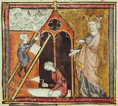 F.235v Kung Ludvig VI (1080-1137) Tittar på byggandet av en kyrka, från Grandes Chroniques de France 1375-79 av French School