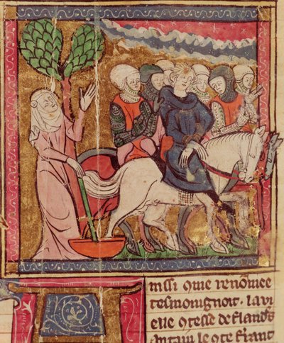 F.288r Ferdinand av Portugal (1186-1233) Greve av Flandern förd som fånge till Paris efter slaget vid Bouvines, 27 juli 1214, Grandes Chroniques de France, 1375-79 av French School