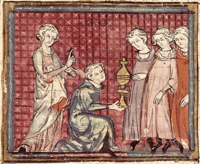F.29r The Division of the Kingdom on the Death of Clotaire I (497-561), from the Grandes Chroniques de France 1375-79 av French School
