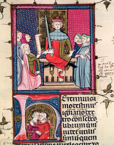 F.39r Conjugal Law, en äktenskaplig hustru som framträder i rätten, från Justiniani i Fortiatum av French School