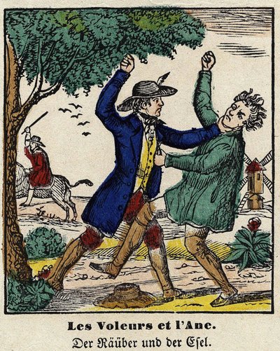 Fables de La Fontaine: tjuvarna och åsnan. Bild av Epinal, första hälften av 1800-talet. av French School