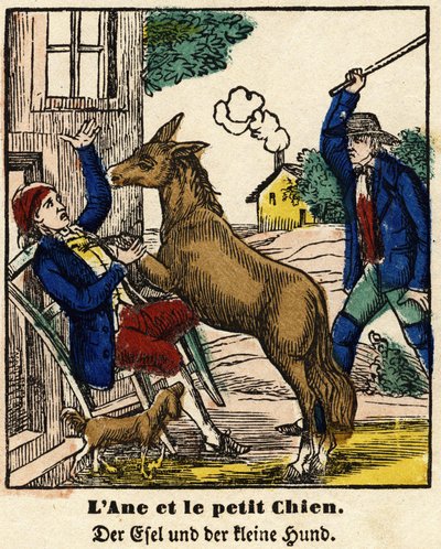 Fables of La Fontaine: åsnan och den lilla hunden. Bild av Epinal, första hälften av 1800-talet av French School