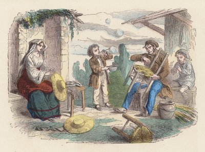 Familj som arbetar med halm (färgad gravyr) av French School