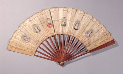Fan som föreställer karaktärer involverade i Affaire du Collier, 1786 (wc på papper) av French School