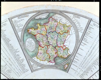 Fan som visar kartan över Frankrike som uppdelad i 9 regioner, 10 metropoler och 83 departement, 1790 av French School