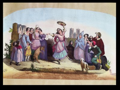Fandesign som visar en scen från La Esmeralda, en opera av Louise-Angelique Bertin (1805-77) efter romanen av Victor Hugo (1802-85) ca 1836 av French School