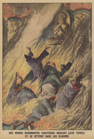 Fanatiska buddhistiska munkar som bränner sitt tempel och kastar sig i lågorna på ön Formosa (färg litho) av French School