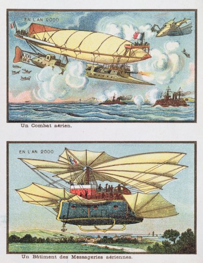 Fantasiskildringar av en luftstrid och av ett flygplan för att transportera gods år 2000, ca 1910 av French School