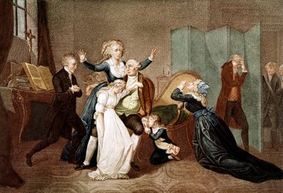 Farväl till Ludvig XVI av hans familj i templet, 20 januari 1793 - Den sista intervjun av Ludvig XVI med hans familj (Marie Antoinette och deras barn Marie Therese eller Madame Royale (1778-1851) och Ludvig XVII (1785-1795), före hans avrättning i T av French School