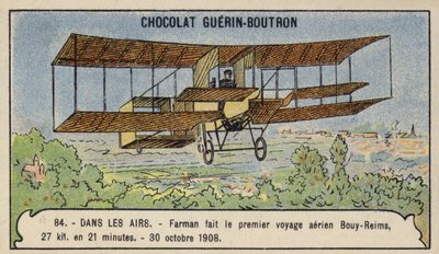 Farman gjorde det första längdflyget i Europa, från Bouy till Reims, Frankrike, 30 oktober 1908 (chromolitho) av French School