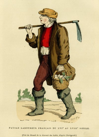 Bondedräkt från 1600- till 1700-talet. Färgstick efter en teckning av Chevignard, i "France et les francais a travers les centuries" av Augustin Challamel, F.Roy redaktör, Paris 1882. Selva Collection. av French School