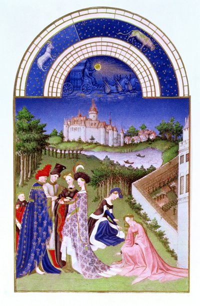 Faksimil av april: höviska figurer på slottsområdet av bröderna Limbourg, från Tres Riches Heures du Duc de Berry (för original se 8436) av French School