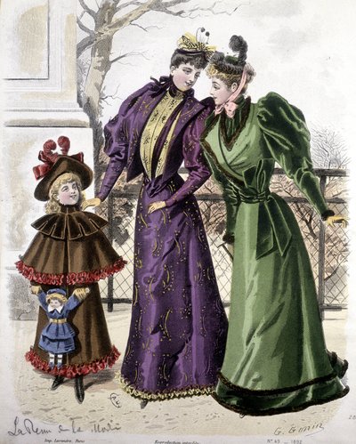 Mode: 2 kvinnor och en tjej som håller i en docka. 1892 av French School
