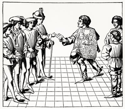 Vapenkonungens mode och sätt, från Tournois du roy Rene, illustration från vetenskap och litteratur under medeltiden och renässansen, skriven och graverad av Paul Lacroix, 1878 (gravin av French School