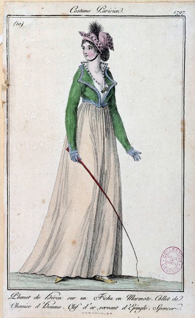 Mode feminint under Directoire: en ung parisisk eleganta klädd i en hägerfjäder på en murmeldyr, en krage på en mansskjorta och en gyllene nyckel som fungerar som en nål. 1797 Paris, musee du costume av French School