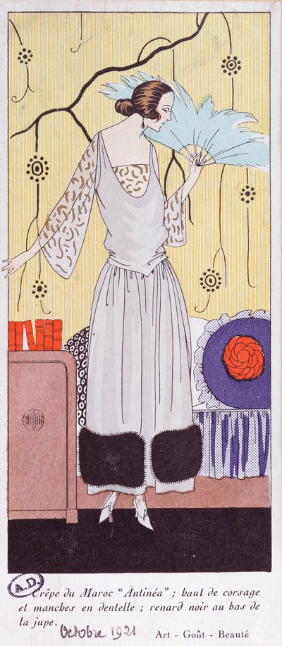 Modetallrik föreställande en fläkt gjord av fjädrar, från Art, Gikt, Beaute, 1921, (pochoir-tryck) av French School