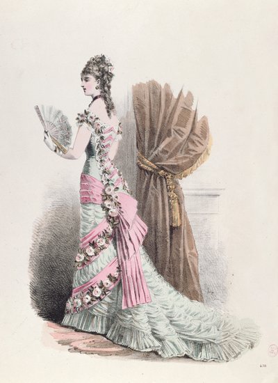Modetallrik av en kvinna i aftonklänning och med en solfjäder, 1877 (färggravyr) av French School
