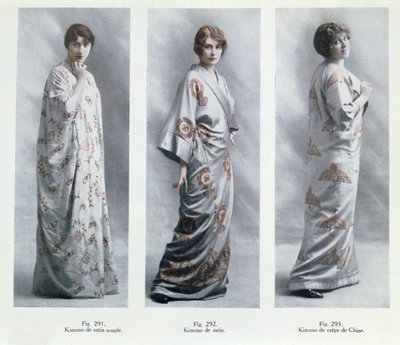 Modetallrikar som visar design för kimonos, illustrationer från Le Jardin des Modes Nouvelles, 15 april 1913 av French School