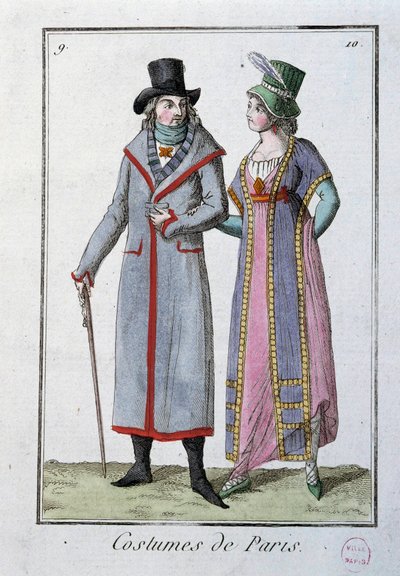 Mode under Directoire: ett par eleganta parisare. Anonym litografi från 1795. Paris, kostymmuseum av French School