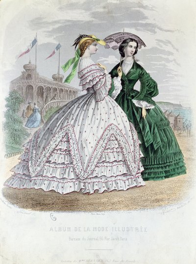 Fashionabla parisiska damer vid havet, 1861 (färggravyr) av French School
