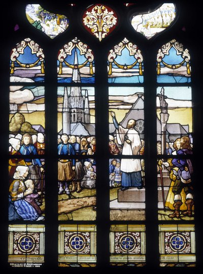Fader Maunoir predikar i Kerlas det stora uppdraget 1658 - målade glasfönster i St Germain-kyrkan i Kerlaz av French School