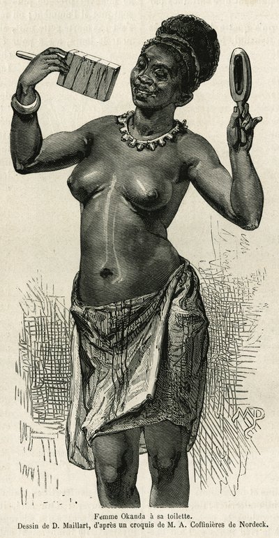 Femme Okanda har sin toalett, ritad av D.Maillard, för att illustrera historien om en resa till Gabon och floden Ogoue, 1875-1877, av Alfred Marche. Gravyr i Le tour du monde av French School