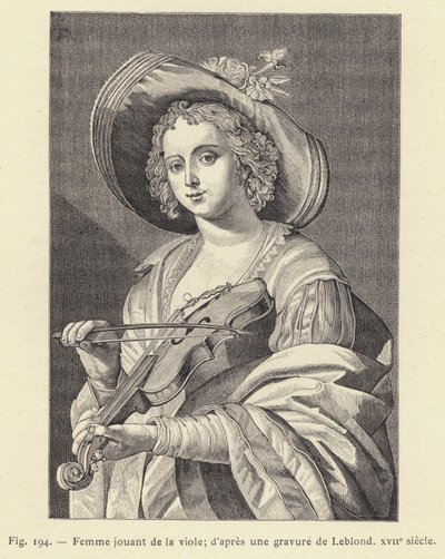 Kvinna som spelar viol, efter en gravyr av Leblond, 1600-talet (gravyr) av French School