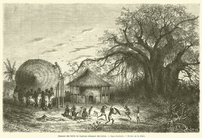 Kvinnor från stranden av Zambezi bygger hyddor, barnspel (gravyr) av French School