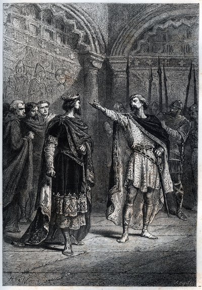 Feodal regim: "Vem gjorde dig till kung? "" : Audebert (Adalbert), greve av Perigord (968-995), svarar oförskämt på kung Hugues Capet (938-996) som frågade honom vem som fick honom att räknas - Gravering av däck "Histoire de France" av Guizot av French School