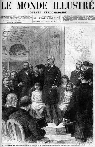 Ferdinand de Lesseps är omgiven av sin familj och reskamrater och berättar om sin resa till Panama i Salle de la Sorbonne. Omslag till "Illustrous World" från 1880. av French School