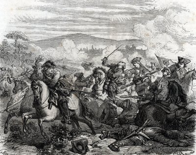 Ferdinand de Marsin dödligt sårad i slaget vid Turin 1706 (gravyr) av French School