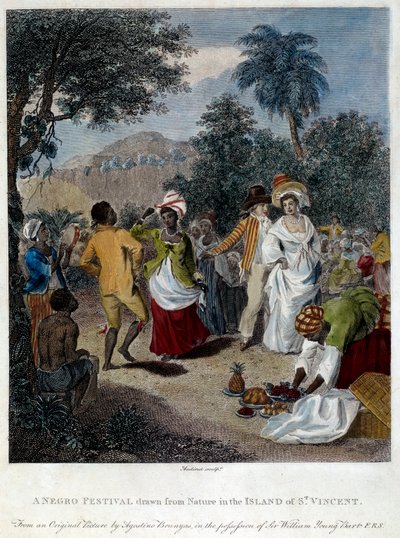 Fete negre på ön Saint Vincent (Centralamerika, Antillerna). Gravyr av 1800-talet. Chartres, Museum of Fine Arts av French School