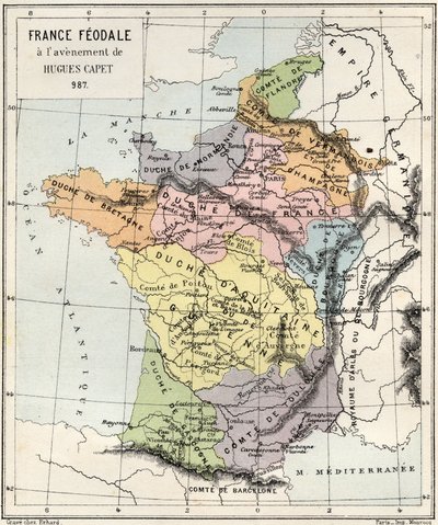Feodalism - Frankrike Feodalism vid Hugues Capets tillkomst - 987 - gravyr från "" Frankrikes historia berättad för mina barnbarn"" - av Francois Guizot - 1872-1876 av French School