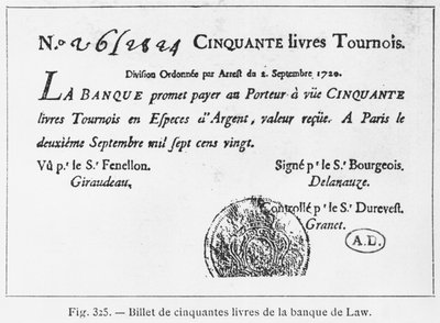 Fransk femtio pundssedel från Law Bank, daterad 2 september 1720 av French School