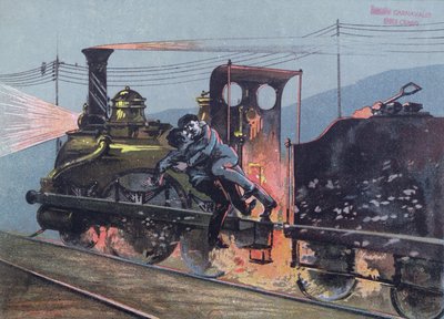 Slagsmål mellan Jacques Lantier (1840-70) och Pecqueux på tåget, Le Lison, scen från La Bete Humaine av Emila Zola (1840-1902) illustration från Le Petit Rouennais av French School