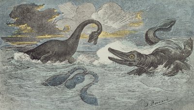 Kamp mellan en Plesiosaurus och en Ichthiosaurus under lias- eller juraperioden (208 till 146 miljoner år sedan), 1880 (färggravyr) av French School