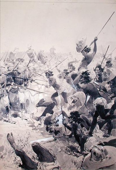Strider mellan zulus och engelska soldater, ca 1878 (akvarell på papper) av French School