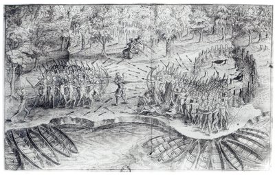 Huroner i strid, ur "Voyage de Champlain in 1624" av Samuel de Champlain (1567-1635) av French School